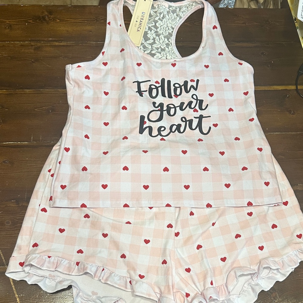 Pink & Red Heart Plaid Racerback Pajama Set with Lace